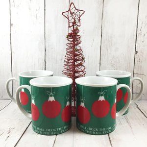 Dept 56 4 Christmas Mugs Deck the Halls Set of Red Ornaments Green Holidays